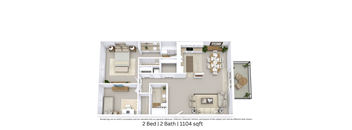 This is a 3D-floor plan providing a detailed, angled view of the space with room layouts, furniture placement, and spatial flow. Features 2 bedroom/s, 2 bathroom/s, and approximately 1160 Sq. Ft