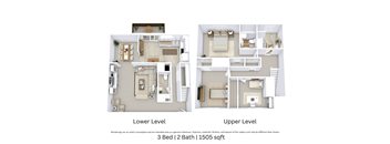 This is a 3D-floor plan providing a detailed, angled view of the space with room layouts, furniture placement, and spatial flow. Features 3 bedroom/s, 2 bathroom/s, and approximately 1550 Sq. Ft