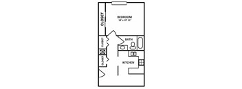 a floor plan of a small house with a bathroom and a kitchen