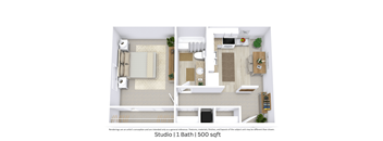 This is a 3D-floor plan providing a detailed, angled view of the space with room layouts, furniture placement, and spatial flow. Features a Studio, 1 bathroom/s, and approximately 580 Sq. Ft