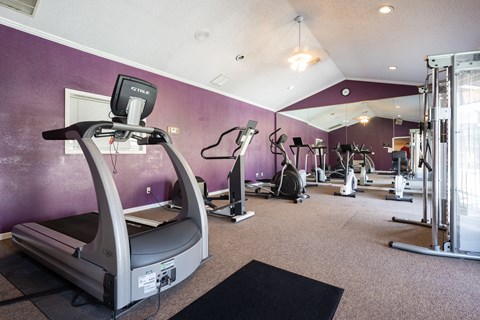 A fitness room at Cedar Crest Complex features a variety of workout equipment for residents.