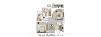This is a 3D-floor plan providing a detailed, angled view of the space with room layouts, furniture placement, and spatial flow. Features 2 bedrooms, 1 bathroom, and approximately 856 Sq. Ft.