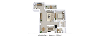 3D floor plan of a 1-bedroom, 1-bathroom apartment showing layout and furniture across 730 sq. ft.