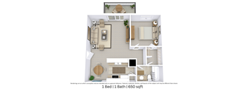 3D floor plan of a 1-bedroom, 1-bathroom apartment showing layout and furniture across 650 sq. ft.