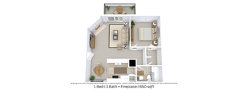 3D floor plan of a 1-bedroom, 1-bathroom apartment showing layout and furniture across 650 sq. ft.