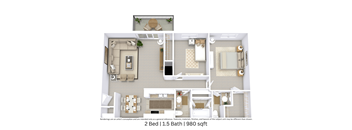 3D floor plan of a 2-bedroom, 1.5-bathroom apartment showing layout and furniture across 980 sq. ft.