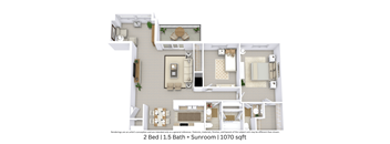 3D floor plan of a 2-bedroom, 1.5-bathroom apartment showing layout and furniture across 1,070 sq. ft.