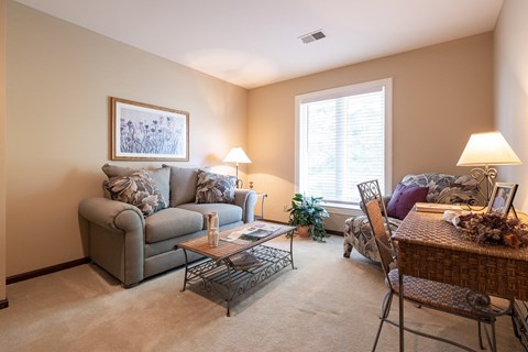 A living room with a grey couch, a coffee table, and a painting on the wall.