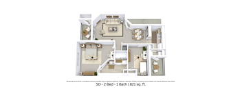 This is a 3D-floor plan providing a detailed, angled view of the space with room layouts, furniture placement, and spatial flow. Features 2 bedrooms, 1 bathroom, and approximately 821 Sq. Ft.