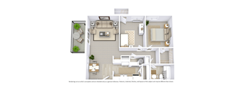 2 Bed _ 1 Bath _ 756 sqft - 3D Floor Plan