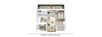 3D floor plan of the Studio A apartment showing layout and furniture across 441 sq. ft.