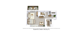 3D floor plan with an angled view of Studio B, showcasing furniture arrangement and spacious layout across 541 Sq. Ft.
