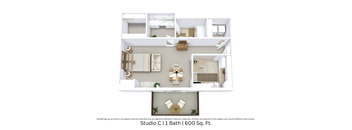 3D floor plan with an angled view of Studio C, showcasing furniture arrangement and spacious layout across 600 Sq. Ft.