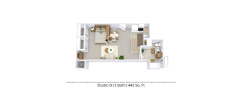 3D floor plan with an angled view of Studio D, showcasing furniture arrangement and spacious layout across 441 Sq. Ft.