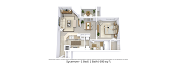 This is a 3D-floor plan providing a detailed, angled view of the space with room layouts, furniture placement, and spatial flow. Features 1 bedroom, 1 bathroom, and approximately 695 Sq. Ft.