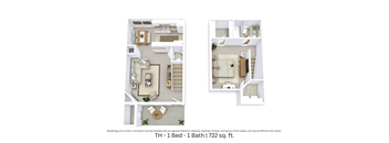 This is a 3D-floor plan providing a detailed, angled view of the space with room layouts, furniture placement, and spatial flow. Features 1 bedroom, 1 bathroom, and approximately 722 Sq. Ft.