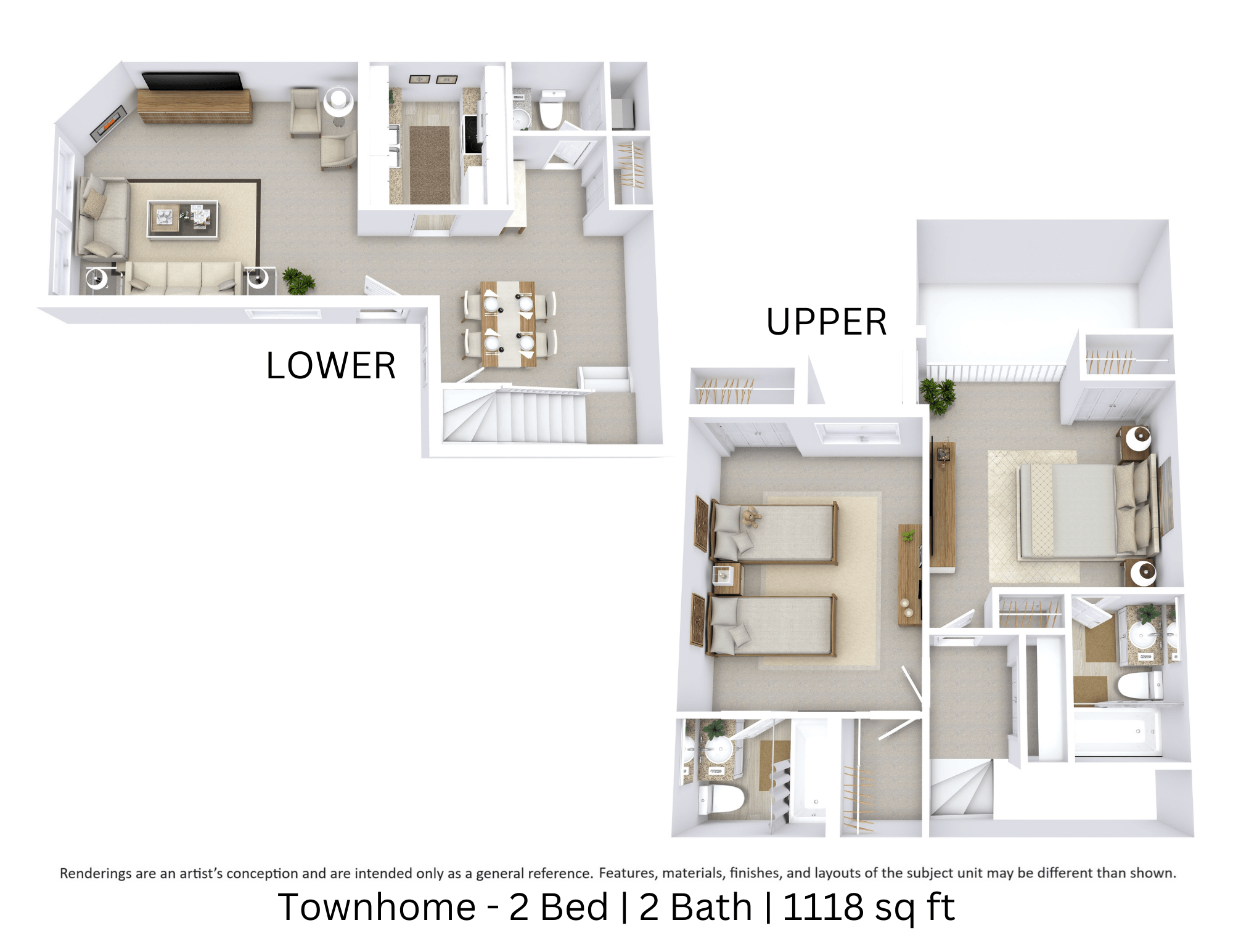 This is a 3D-floor plan providing a detailed, angled view of the space with room layouts, furniture placement, and spatial flow. Features 2 bedrooms and 2 bathrooms.