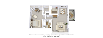 This is a 3D floor plan providing a detailed, angled view of the space with room layouts, furniture placement, and spatial flow. It features 1 bedroom and 1 bathroom.