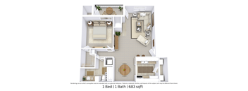 3D floor plan of a 1-bedroom, 1-bathroom unit (683 sq. ft.) with a detailed room layout and furniture placement.