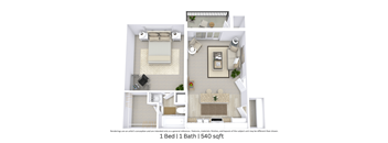 3D angled view of a 1-bedroom, 1-bathroom floor plan (540 sq. ft.) highlighting furniture and room layout.