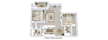 3D floor plan of a 2-bedroom, 2-bathroom unit (912 sq. ft.) showing furniture layout and spatial flow.