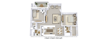 3D floor plan of a 2-bedroom, 2-bathroom apartment (912 sq. ft.) with furniture layout and spatial flow.