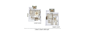 3D angled floor plan of a 1-bedroom, 1.5-bathroom apartment (800 sq. ft.) showing furniture and spatial flow.
