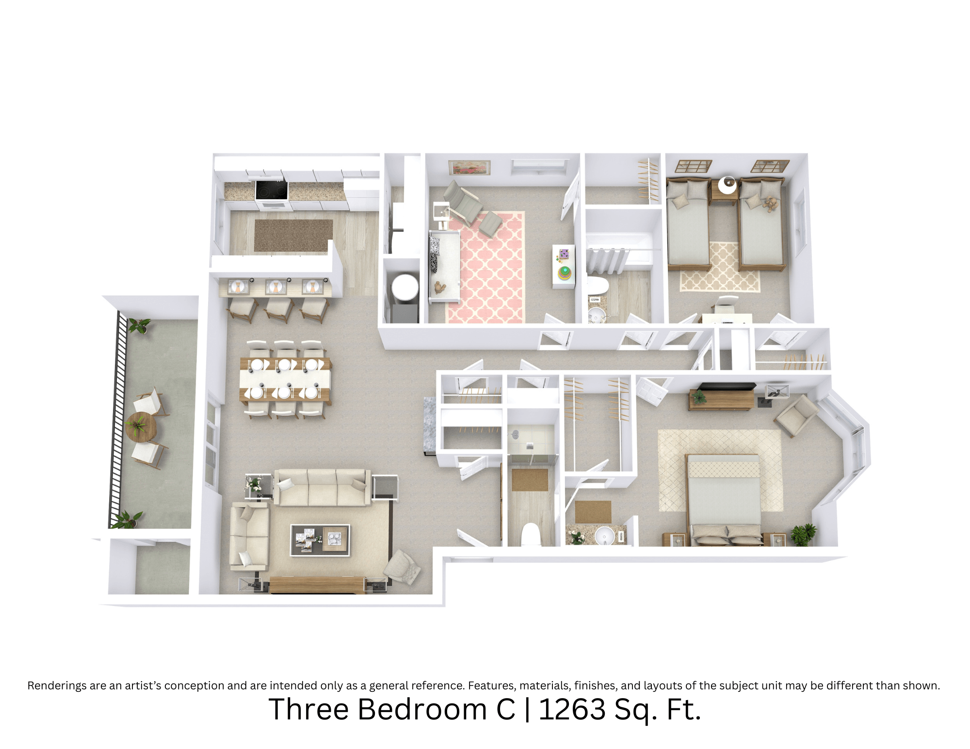 A 3D-floor plan giving an angled perspective of a 3 bedroom, 2 bathroom unit with furniture placement across 1,263 Sq. Ft.