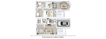 3d floor plan of a house with bedrooms and baths and a car