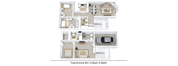 3d floor plans of a townhome with bedrooms and baths and a car