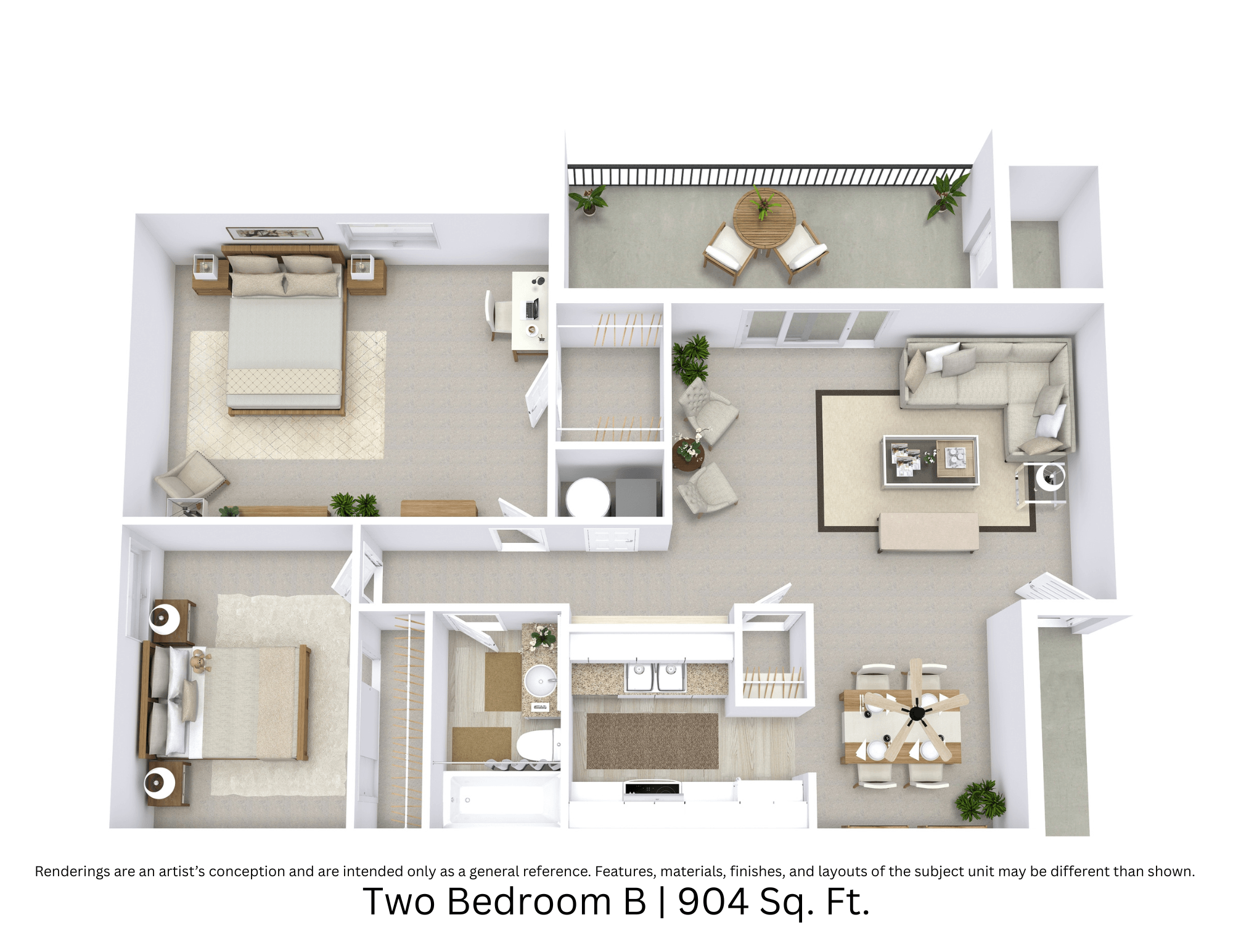 3D floor plan with angled view, room layout, and furniture placement for a 2-bed, 1-bath apartment at 904 sq. ft.
