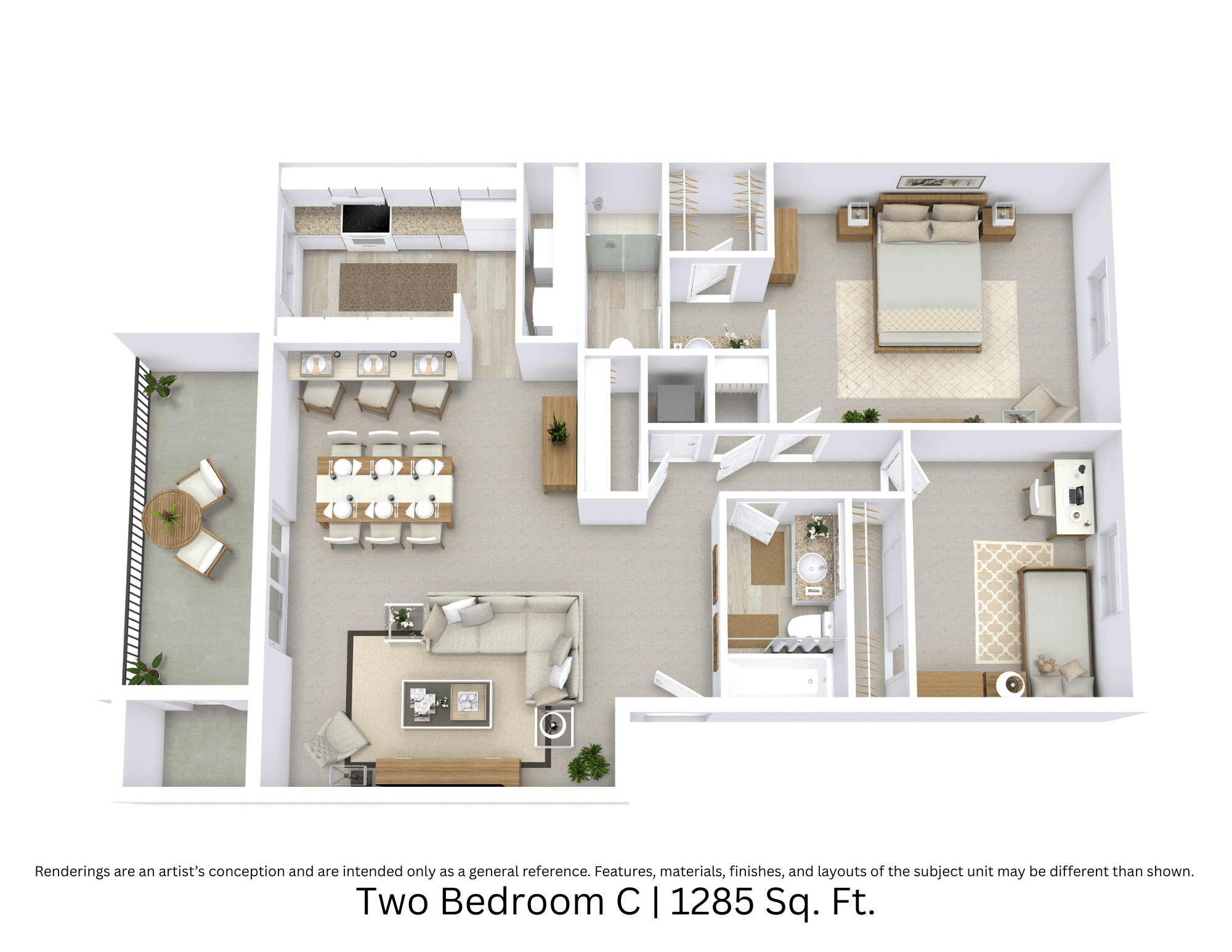3D floor plan with angled view, room layout, and furniture placement for a 2-bed, 2-bath apartment at 1285 sq. ft.