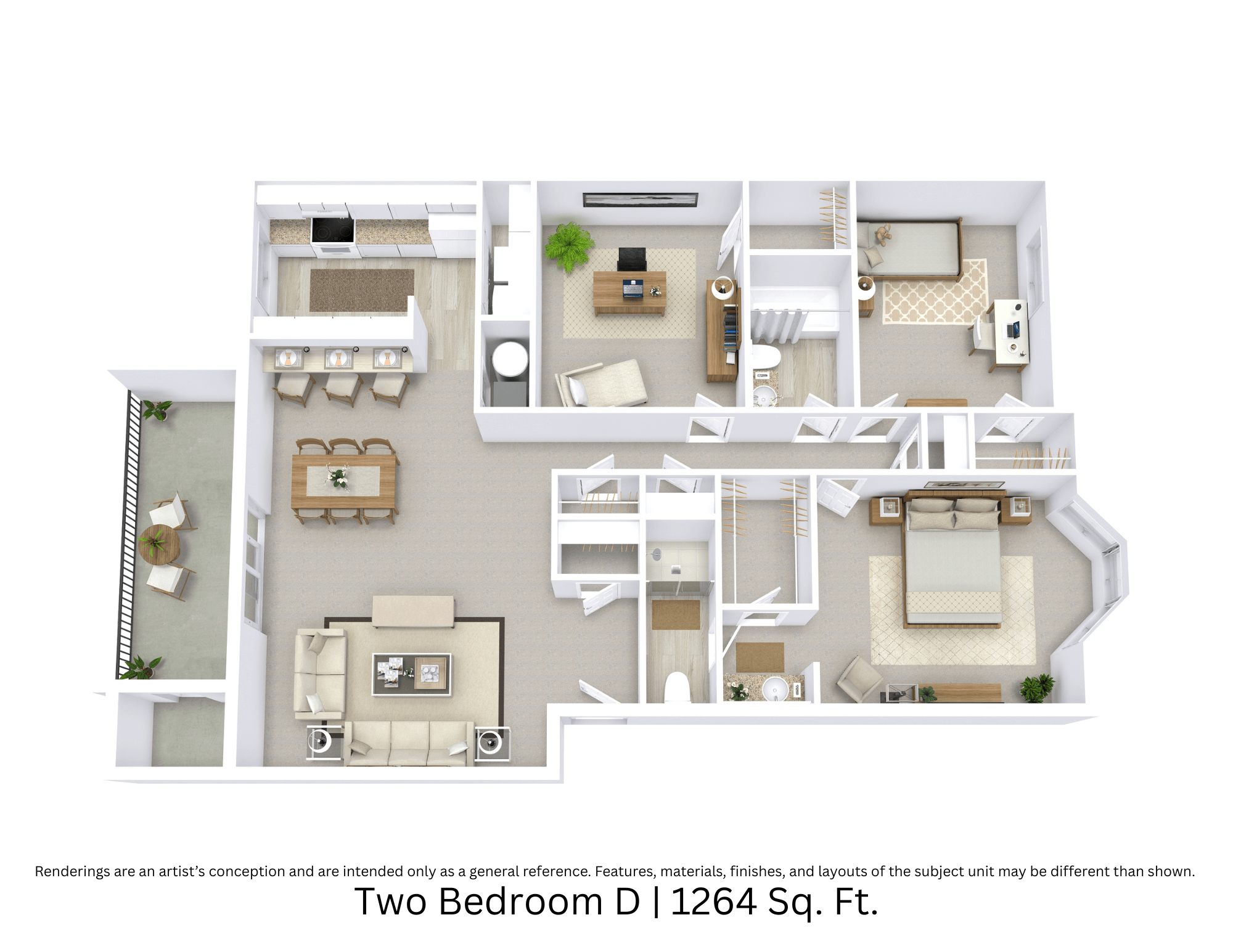 3D floor plan of a 2-bedroom, 2-bathroom apartment with den showing layout and furniture across 1,264 sq. ft.