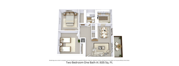 3D floor plan of the Two Bedroom One Bath A apartment showing layout and furniture across 835 sq. ft.