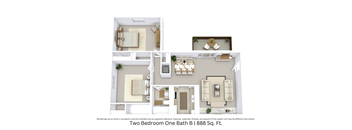 3D floor plan of the Two Bedroom One Bath B apartment showing layout and furniture across 888 sq. ft.