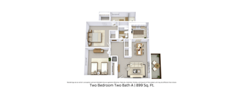 3D floor plan showing an angled perspective of the Two Bedroom Two Bath A layout with furniture placement across 899 Sq. Ft.