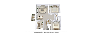 3D floor plan with an angled view showing furniture arrangement and open living across 960 Sq. Ft.