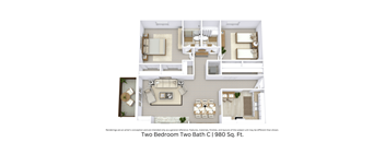 3D floor plan of the Two Bedroom Two Bath C apartment showing layout and furniture across 980 sq. ft.