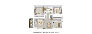 3D floor plan of the Two Bedroom Two Bath D apartment showing layout and furniture across 1,044 sq. ft.