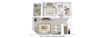 This is a 3D-floor plan providing a detailed, angled view of the space with room layouts, furniture placement, and spatial flow. Features 1 bedroom/s, 1 bathroom/s, and approximately 580 Sq. Ft