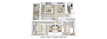 This is a 3D-floor plan providing a detailed, angled view of the space with room layouts, furniture placement, and spatial flow. Features 2 bedroom/s, 2 bathroom/s, and approximately 850 Sq. Ft