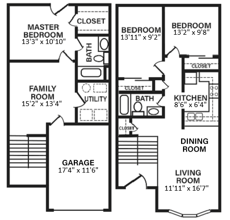 Spacious townhome with 3 bedrooms, 2 bathrooms, and a cozy family room. Open floor plan, modern design, and comfortable living spaces.