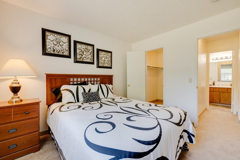 a bedroom with a bed and a dresser and a bathroom