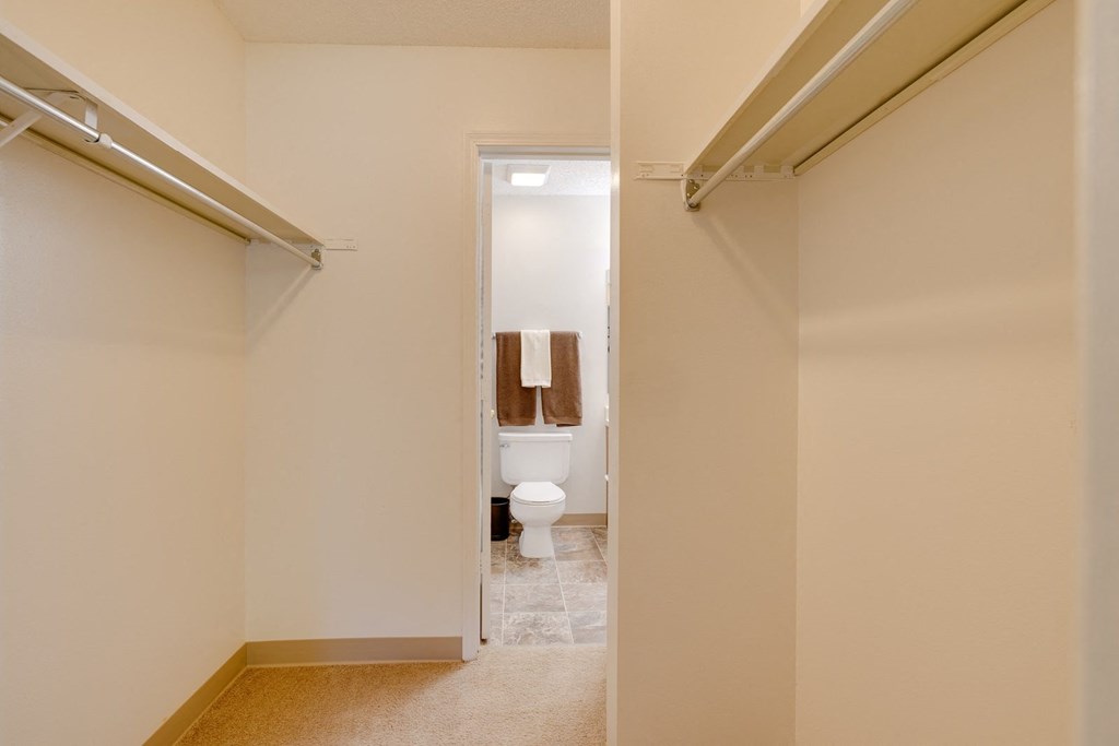 a bathroom with a white toilet and a closet