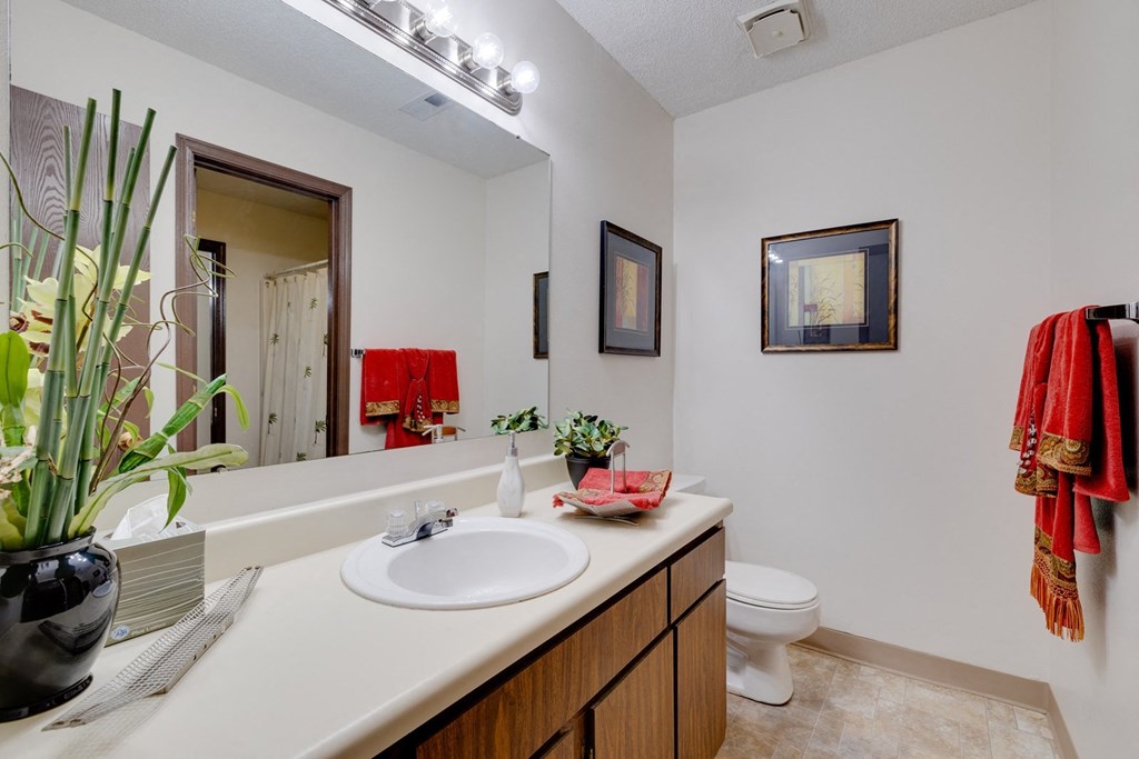 our bathroom has a large mirror and a sink and a toilet