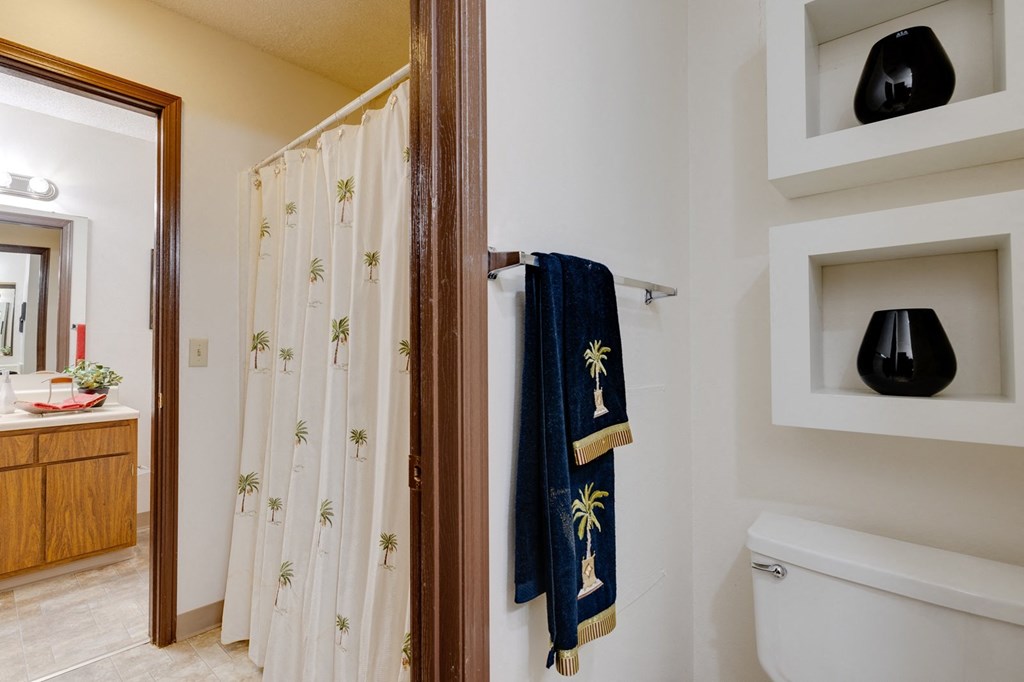 a bathroom with a shower curtain and a toilet and a sink