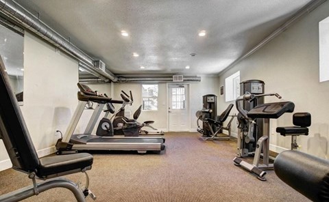 A spacious home gym with a variety of exercise equipment.