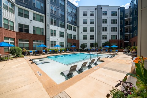 our apartments have a large pool with chairs and umbrellas