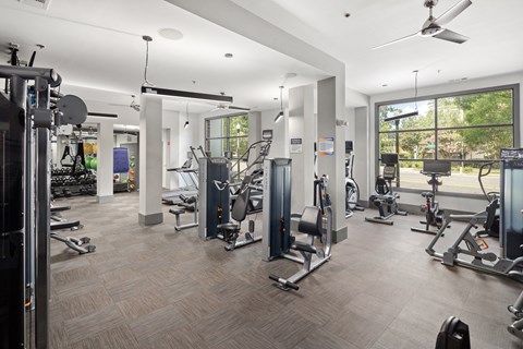 a gym with weights and cardio equipment in a building with large windows