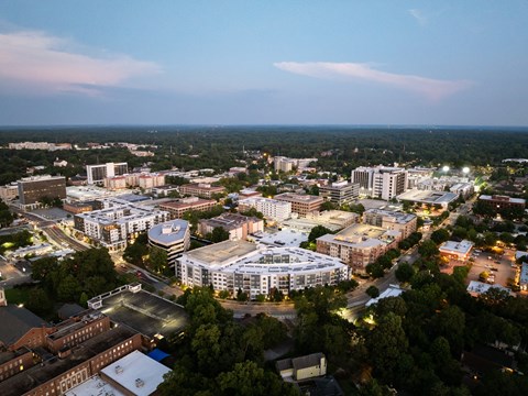 an aerial view of the city at night